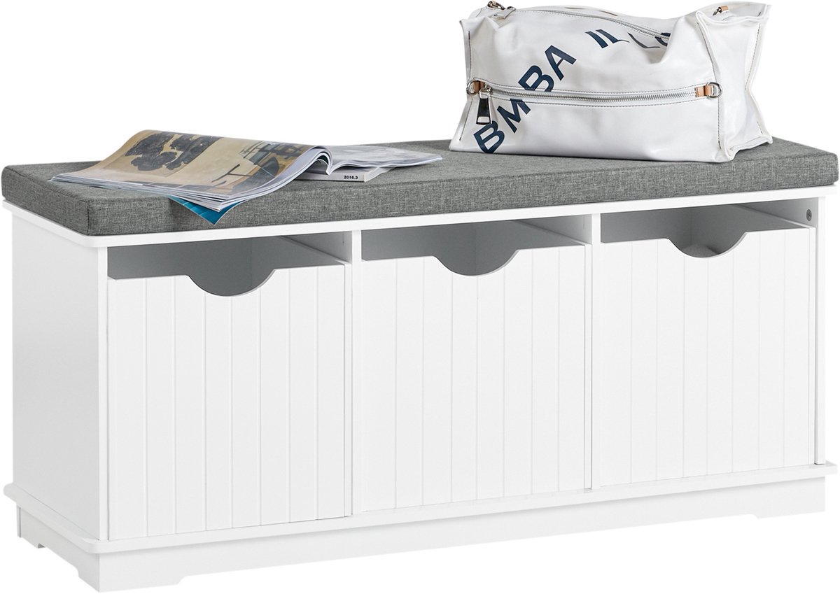 SoBuy FSR30-W Moderne Schoenenbank, geschikt voor schoenen en speelgoedopslag, met zitkussen en 3 afneembare manden, 100x46x36cm, wit (4251388607831)
