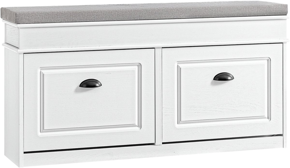 SoBuy FSR64-WG Schoenenkast, schoenenbank, schoenen, entree, 2 kleppen met afneembaar kussen, opbergdoos, rek voor smalle entree, 104 x 24 x 51 cm, antiek houteffect, wit (4251388642399)