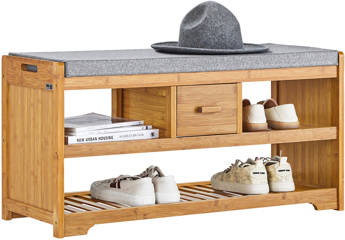 SoBuy FSR75-N Schoenenbank - Solid Wood Opbergbank met Zitkussen & 3 Manden (4251388610046)