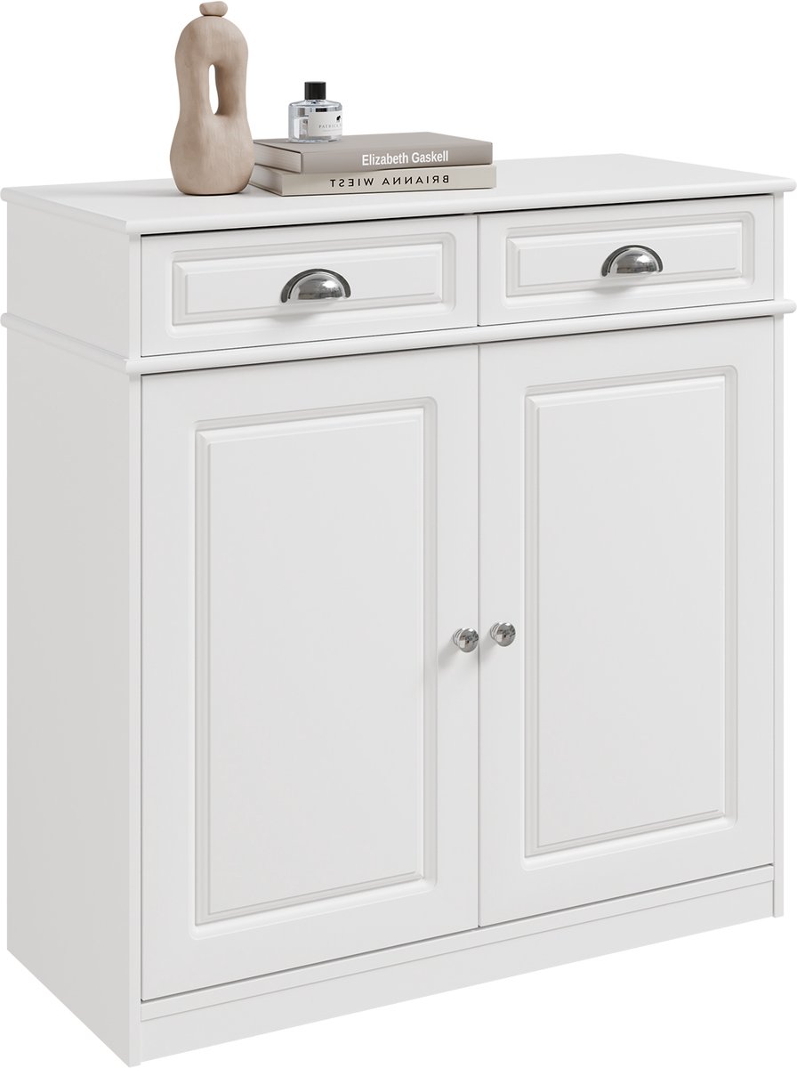 SoBuy Schoenenkast, wit, Nordic Commode, schoenenopslag met laden en vakken, draagkracht 74 kg, voor entree, woonkamer of keuken, MDF (E1) - 80 x 35 x 82 cm FSB104-W (4251388645628)