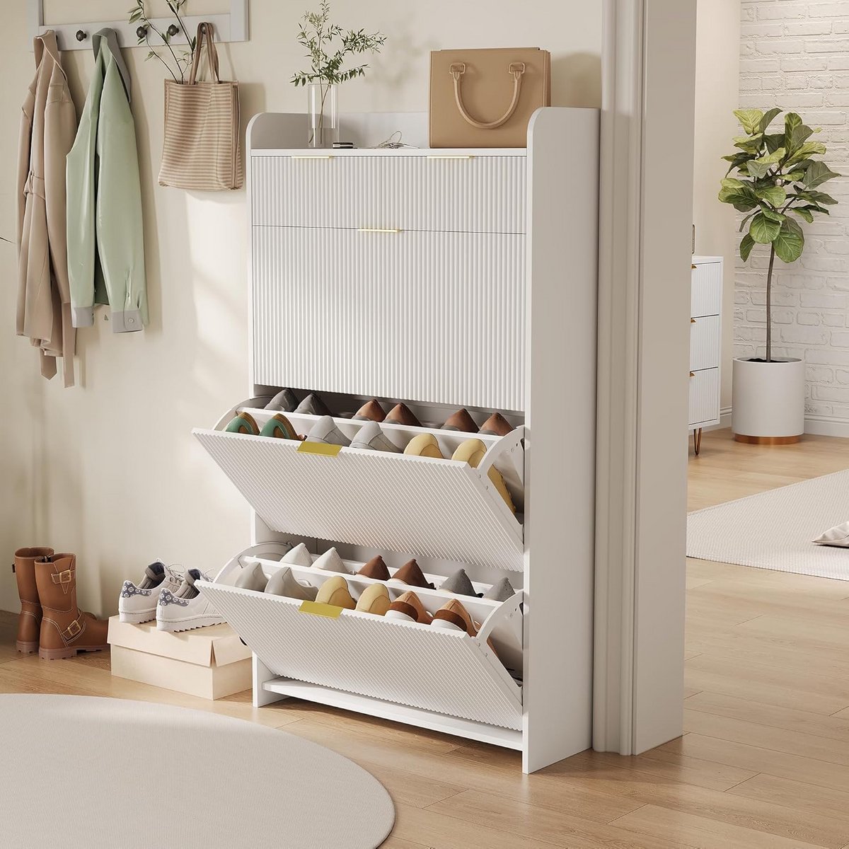 Stijlvolle Houten Schoenenkast met 3 Kleppen en 2 Laden voor Hal en Slaapkamer (9101066466760)