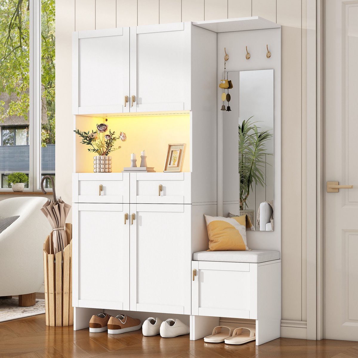 Sweiko Halmeubel - Garderobe - Schoenenkast - LED verlichting - Met zitten - Spiegel - 3 haken - 2 lades - Wit (6195984653008)