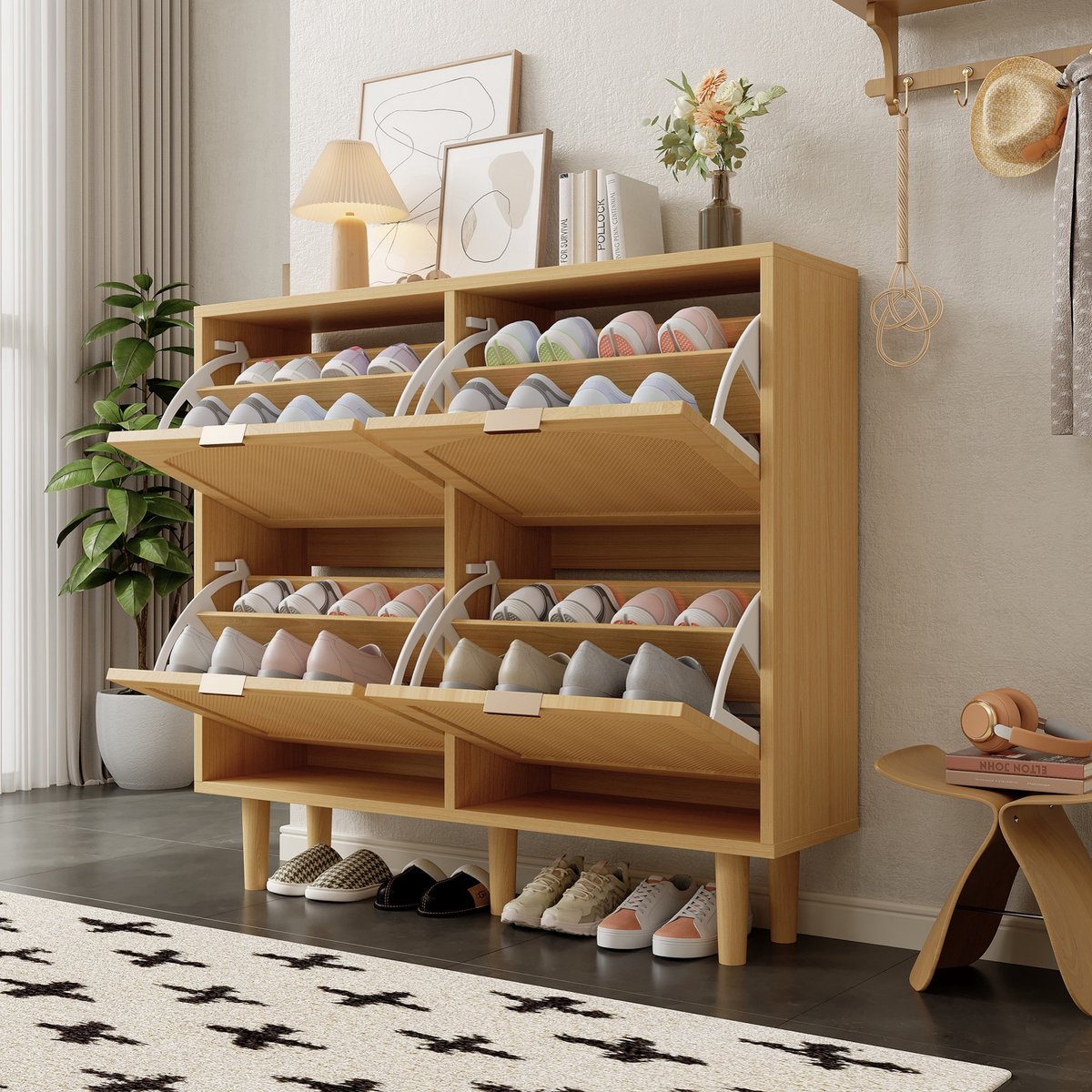 Sweiko Schoenenkast - 4 rieten lades - Metalen handgrepen - 100 x 25 x 90 cm - Naturel (7864123802155)