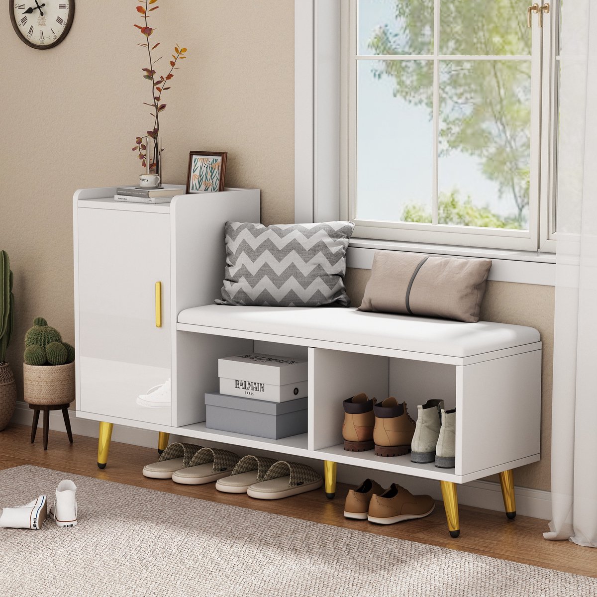 Sweiko Schoenenkast - Hoogglans - Meerdere planken - Zacht beklede zitting - Wit (7842594946158)