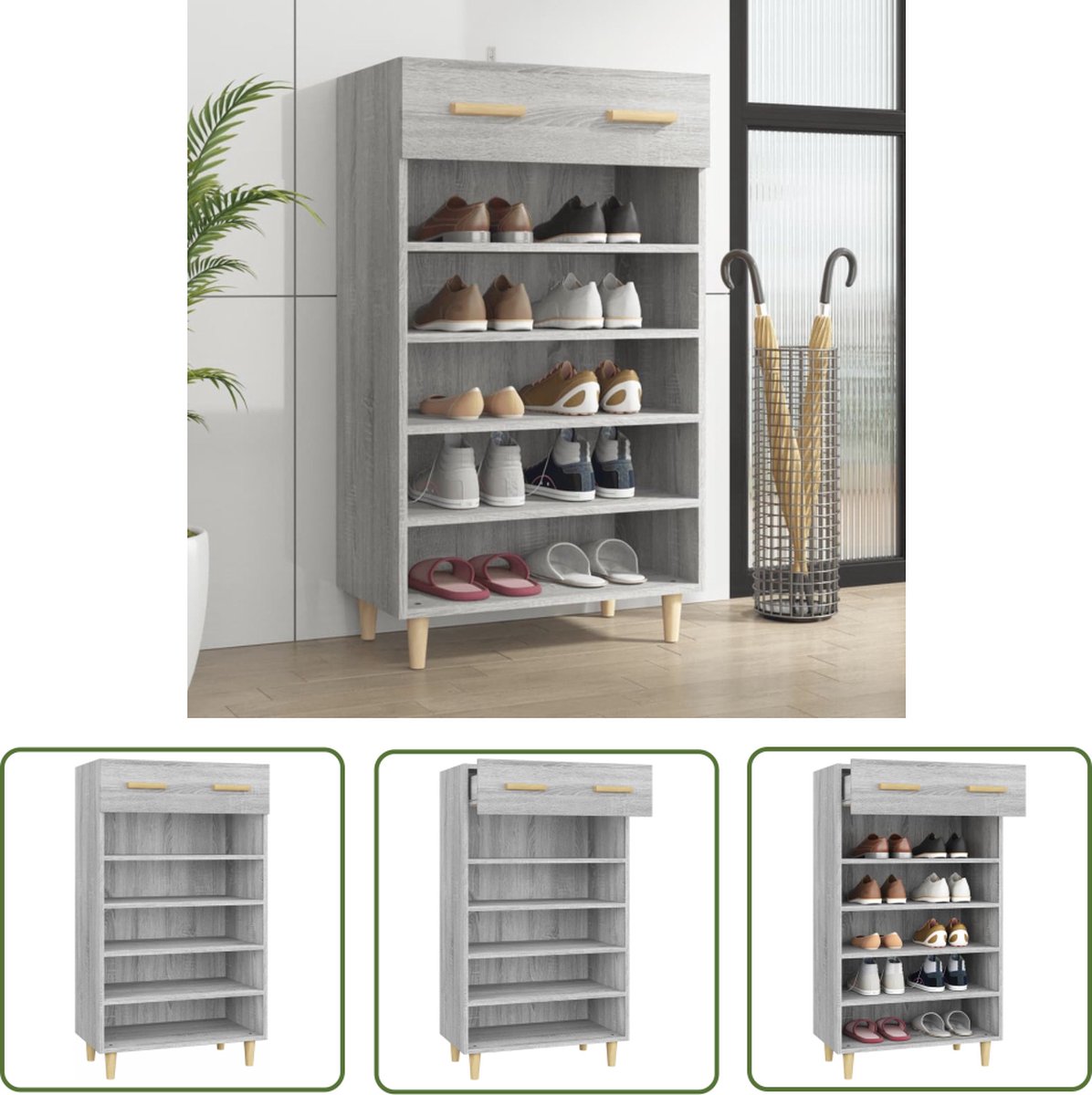 The Living Store Schoenenkast - Scandinavische minimalistische stijl - 60 x 35 x 105 cm - grijs sonoma eiken (8721032010943)