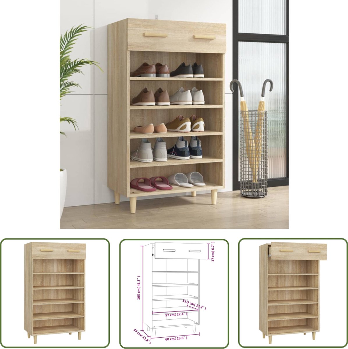The Living Store Schoenenkast - Sonoma eiken - 60 x 35 x 105 cm - Scandinavische stijl (8721032250110)