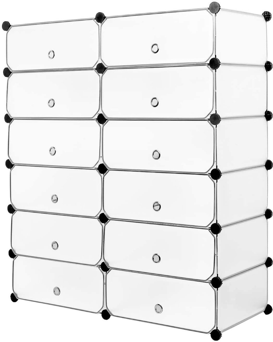 TheLau ® Schoenenrek met 12 Praktische Vakken voor Schoenen en Accessoires, Wit en Halftransparant (8721322716555)