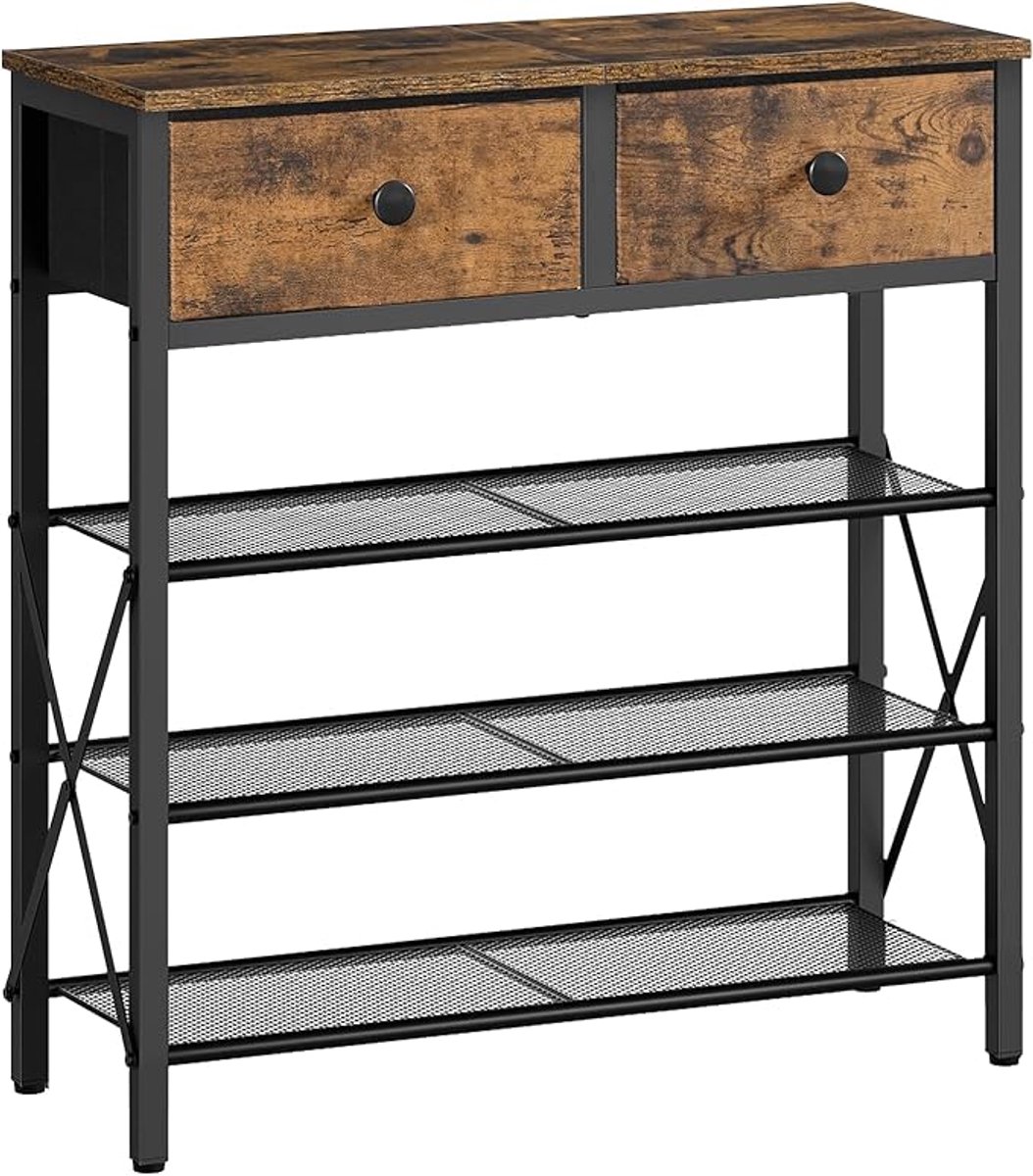 Thuys Schoenenrek met 4 Niveaus - Schoenenkast voor 16 Paar - Met 2 Stoffen Laden & 3 Metalen Roosters - Ruimtebesparend Schoenenrek voor Hal & Entree - Vintage Bruin/Zwart (8721472262230)