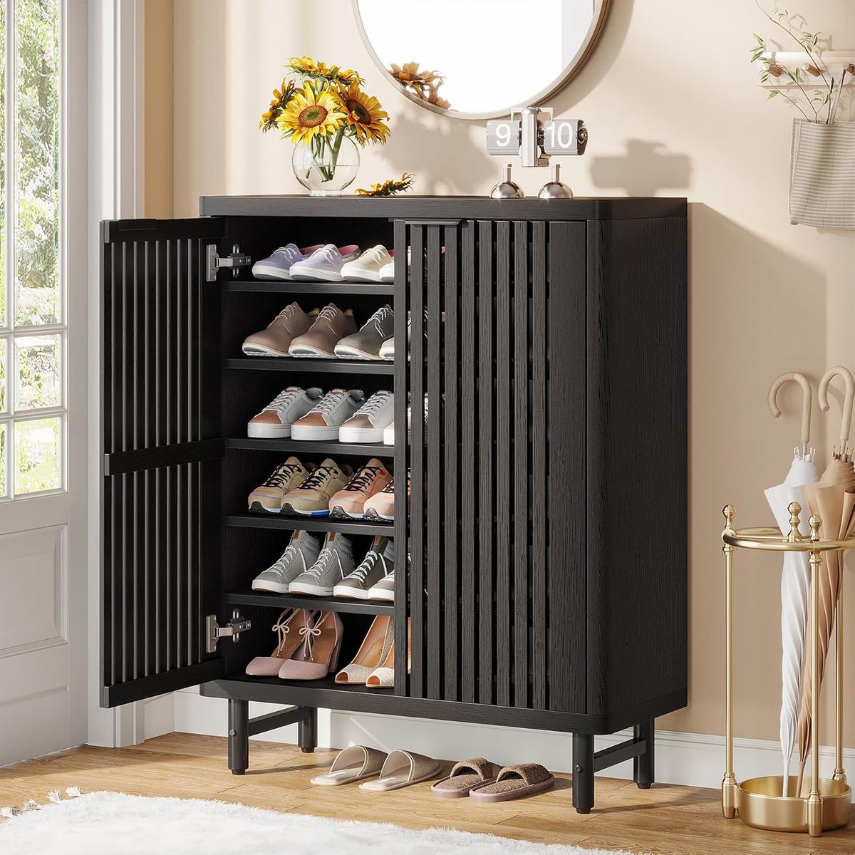 Tribesigns Schoenenkast met Roldeuren - 6 Laags Schoenenrek met Verstelbare Planken - Vrijstaande Smalle Schoenenkast - 85x 35x 110cm - Houten Schoenenopberger voor Entree, Woonkamer - Zwart (0078756518520)