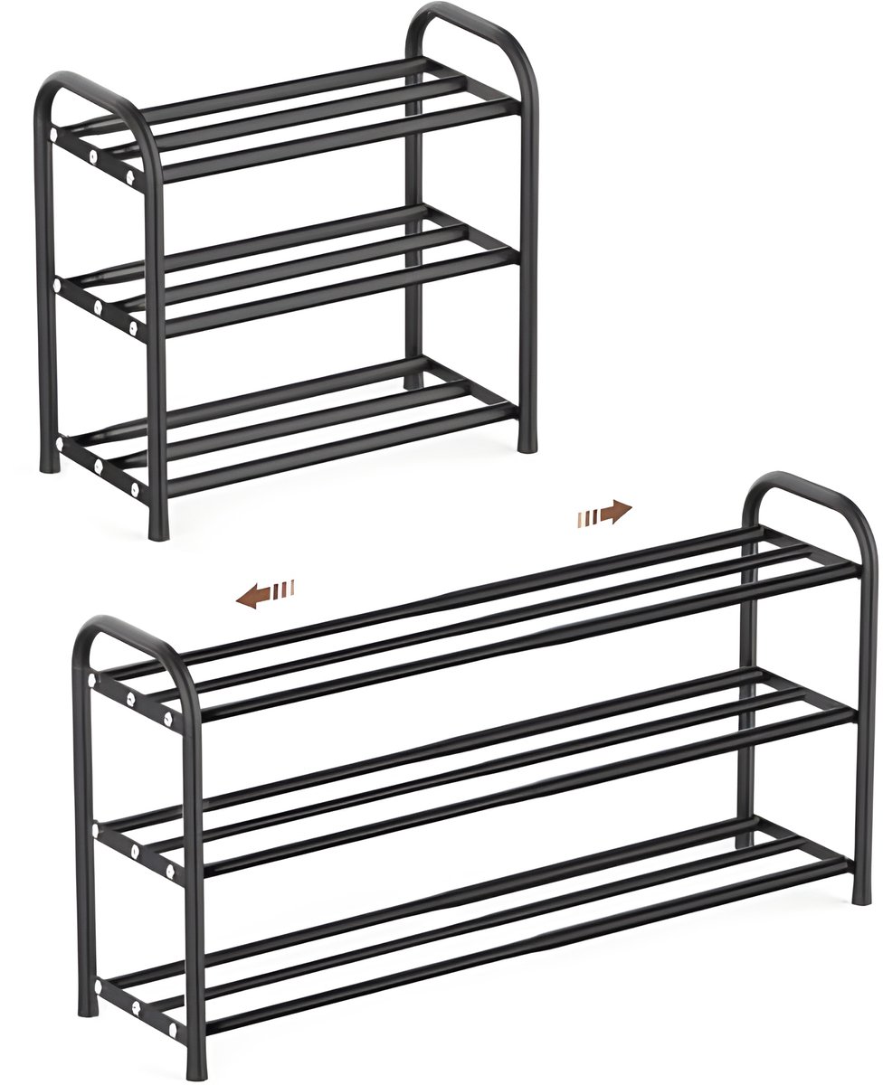Uitbreidbaar Schoenenrek 3 Lagen - Verstelbaar Ruimtebesparend Metaal Rek voor Binnen en Buiten - Zwarte Schoenenkast voor Hal, Garderobe en Camping (8785341872142)