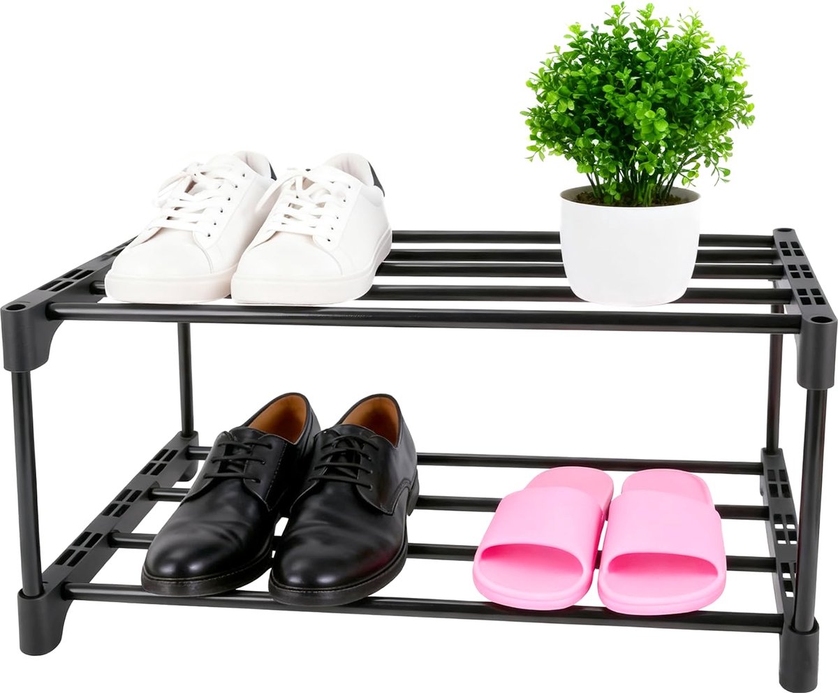 Unyqoos® Ruimtebesparend zwart metalen schoenenrek met twee niveaus en stapelbaar ontwerp (8721358380225)
