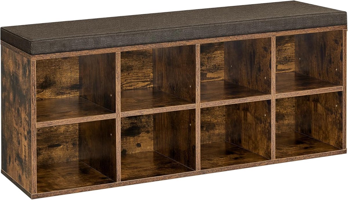 VASAGLE Schoenenbank - schoenrek - schoenorganizer - 116 cm lang - met kussen - met 8 vakken en 4 verstelbare planken -,hout - vintage bruin-grijs (0194343182766)