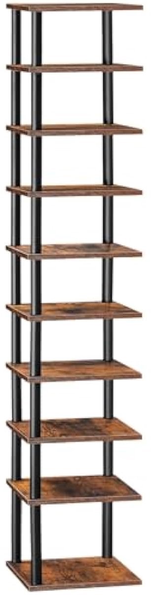 Verticaal Schoenenrek - Voor Hal en Gang - 1 Stuk - 10 Planken - Rustiek Bruin/Zwart - Metaal/Hout (8785341269218)