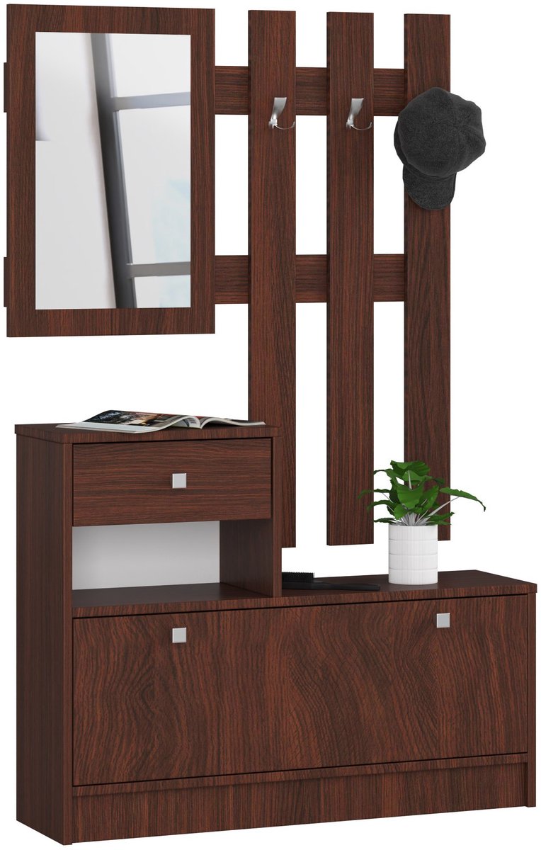 Wandmeubelset voor de hal, Klassiek Ontwerp, Wenge Kleur, Inclusief Spiegel, Twee Elementen, 90x170x25 cm, Door & Lade, Zelfmontage, Max. 5 Paar Schoenen, Perfect voor Moderne Entrees (5901738166899)