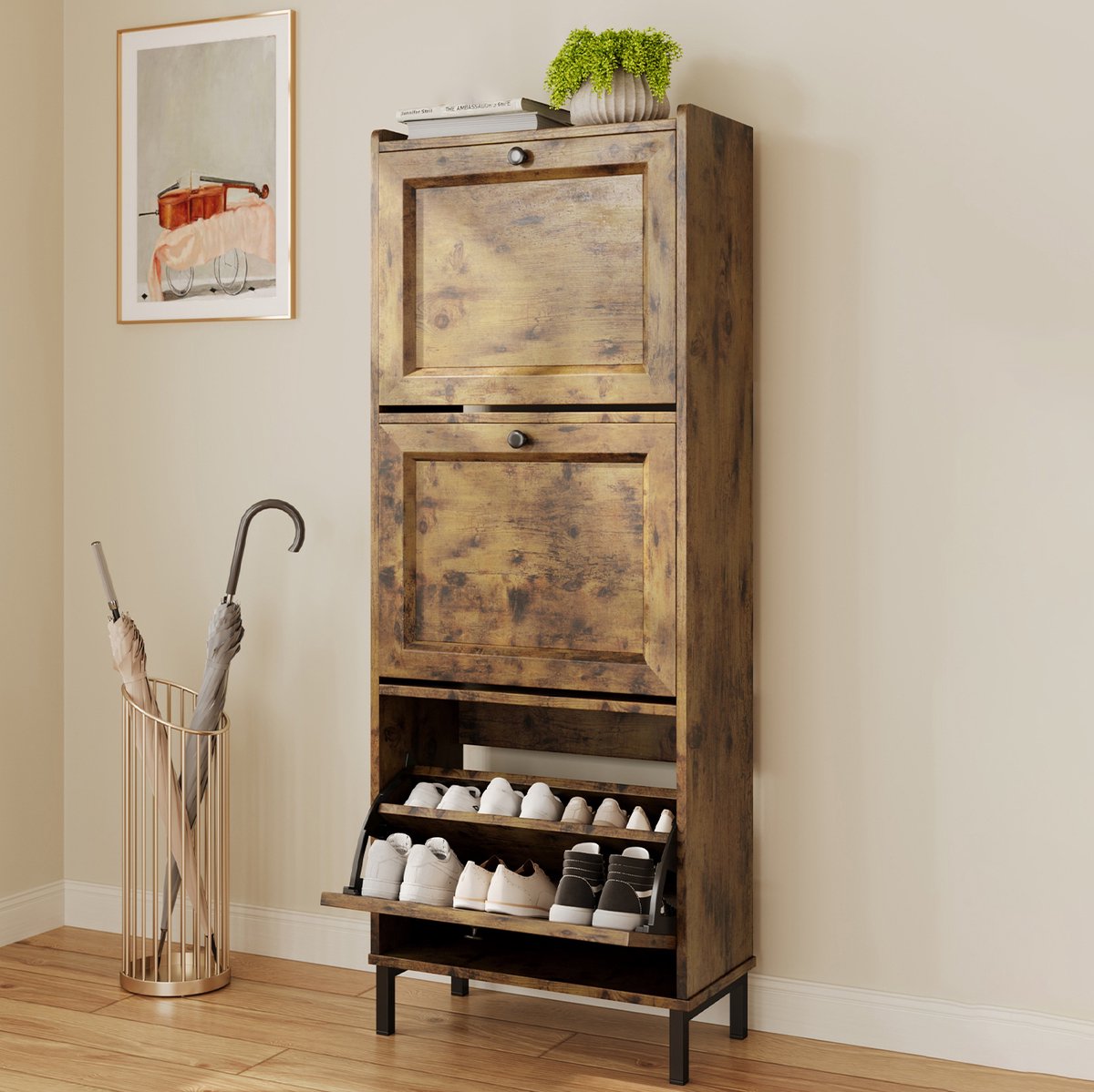 Xbro Schoenenkast met 3 Klapdeuren - Dubbele Diepte - Smal Schoenenrek met Bovenplank - Voor Hal & Slaapkamer - 50 x 130 x 24 cm - Vintage (6975977521046)