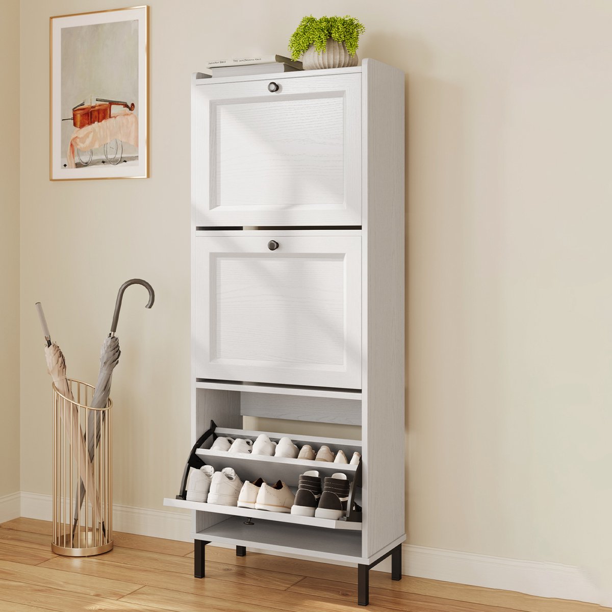 Xbro Schoenenkast met 3 Klapdeuren - Dubbele Diepte - Smal Schoenenrek met Bovenplank - Voor Hal & Slaapkamer - 50 x 130 x 24 cm - Wit (6975977521039)