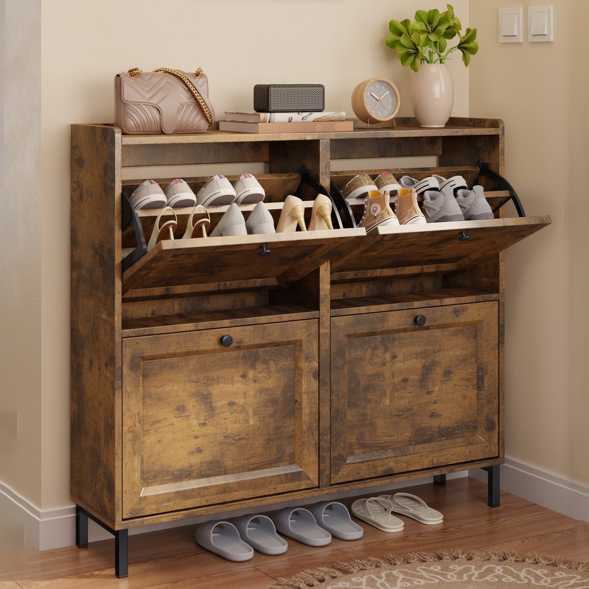 Xbro Schoenenkast met 4 Klapdeuren - Dubbele Diepte - Modern Schoenenrek met Bovenplank - Voor Hal & Slaapkamer - 99 x 24 x 91 cm - Vintage (6975977521022)