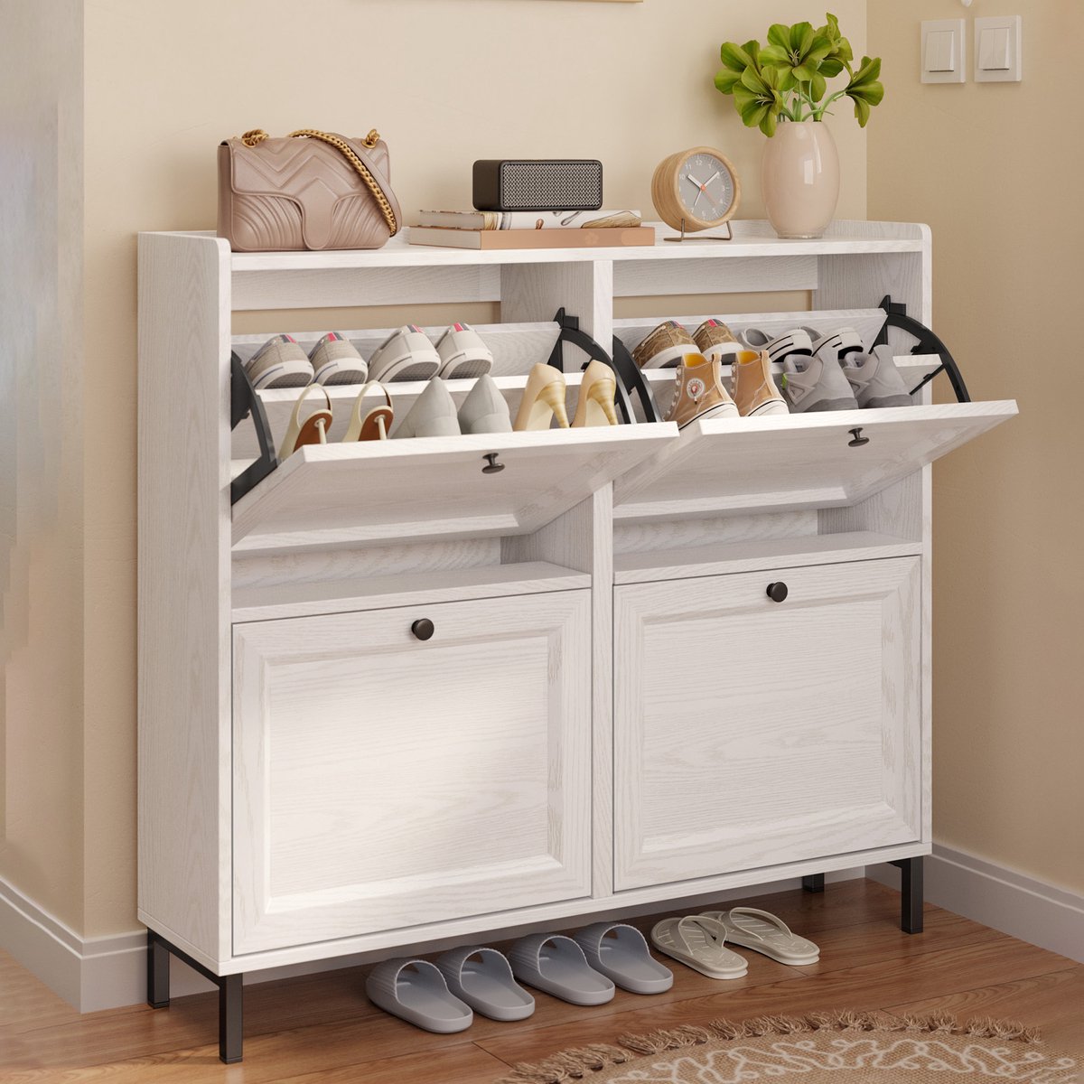 Xbro Schoenenkast met 4 Klapdeuren - Dubbele Diepte - Modern Schoenenrek met Bovenplank - Voor Hal & Slaapkamer - 99 x 24 x 91 cm - Wit (6975977521015)