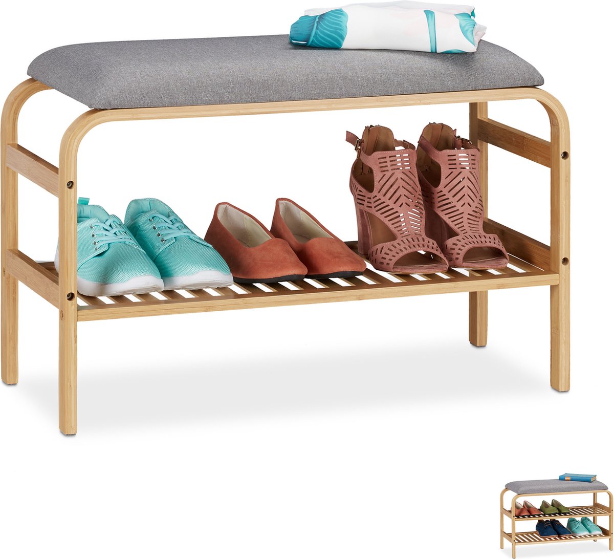 halbankje - bamboe - voor 3 paar - met zitkussen - 46x69x30 cm - natuur (4052025911461)