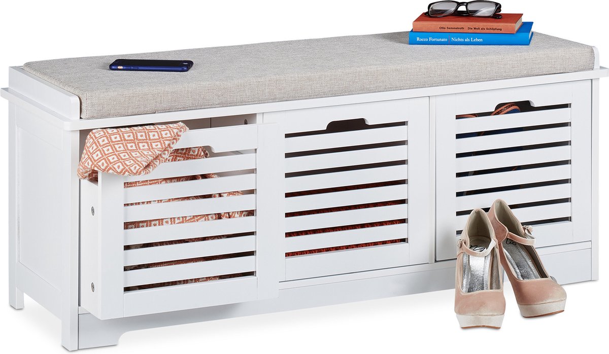 halbankje met opbergruimte - 3 lades - opbergruimte - schoenenbank - 44x10x35 cm - wit (4052025294748)