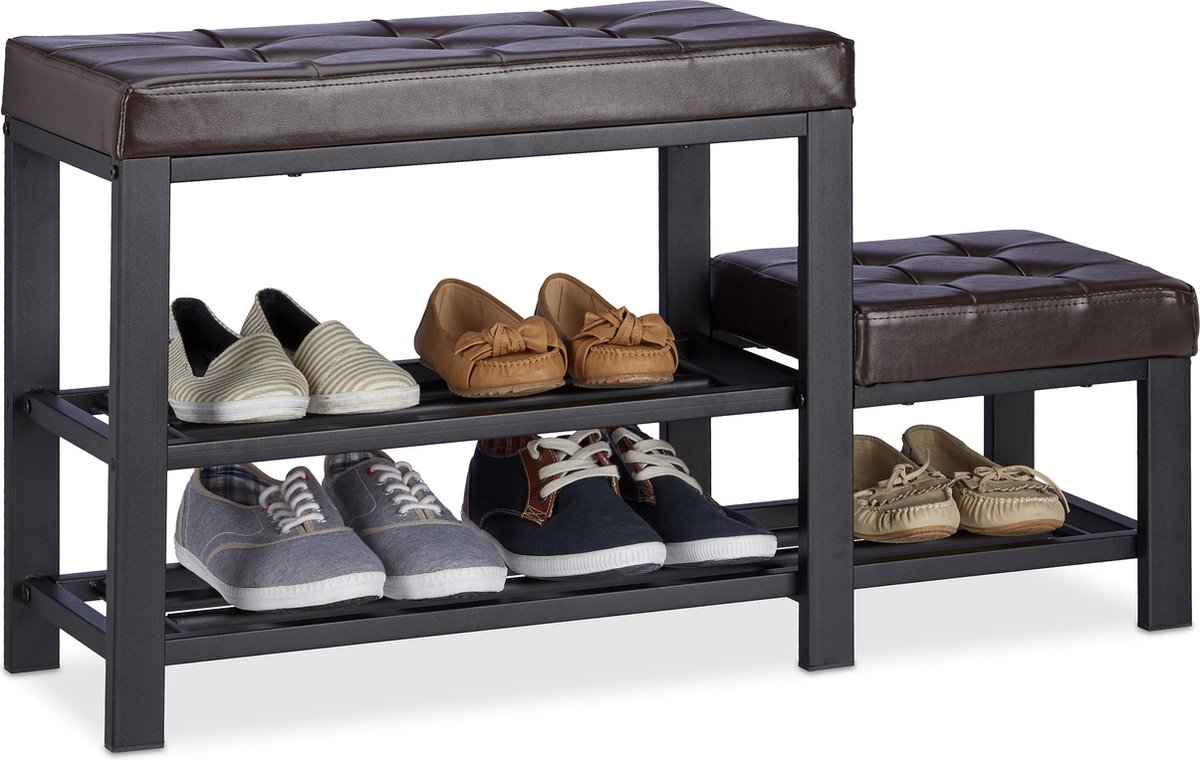 schoenenbank met krukje - 2 laags - zitkussen - 50x90,5x30,5 cm - halbankje - bruin (4052025948191)