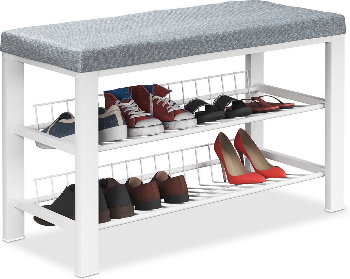 schoenenbank met kussen - 50,5 x 82 x 33 cm - 2 etages - grijs-wit (4052025873318)