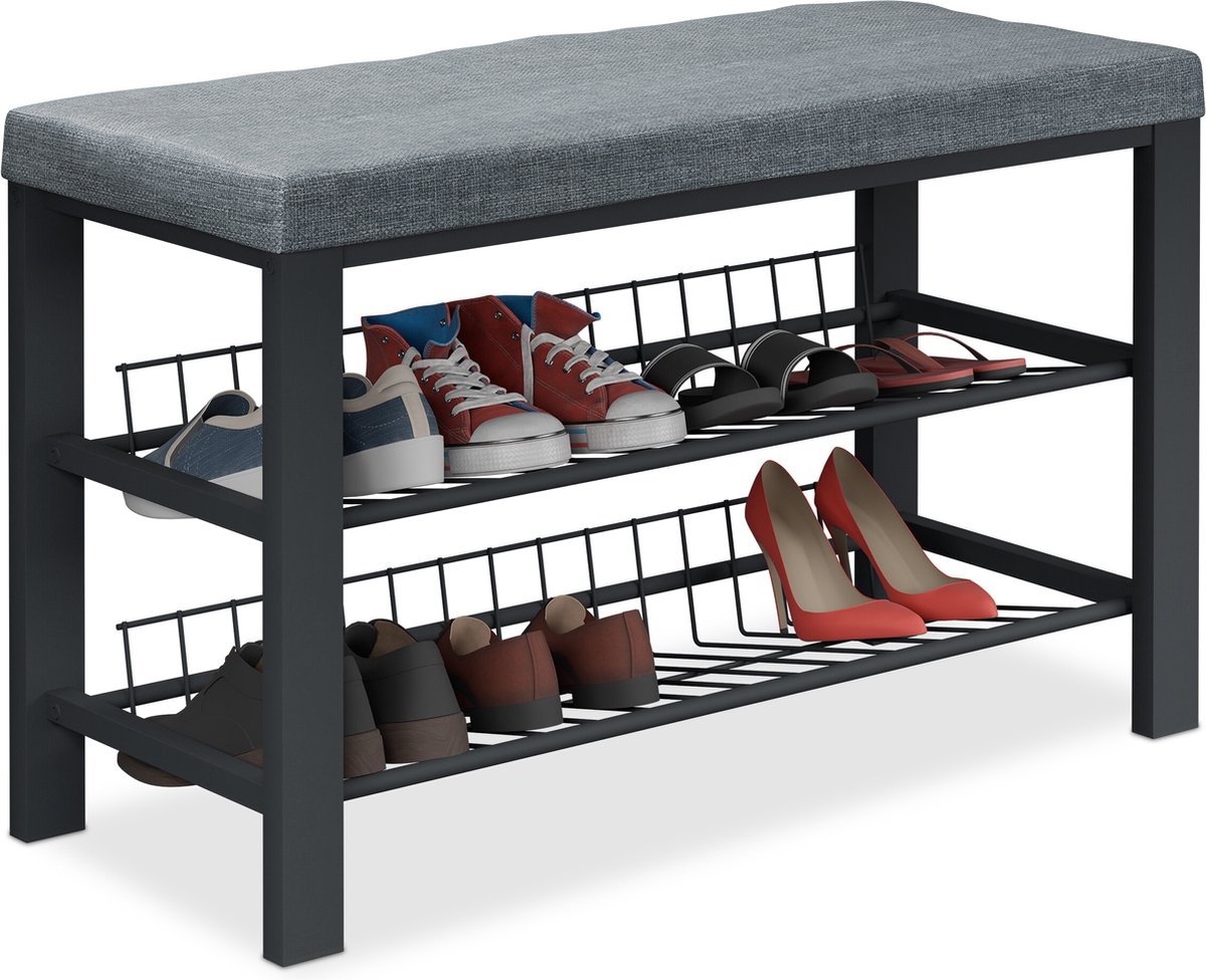 schoenenbank met kussen - 50,5 x 82 x 33 cm - 2 etages - grijs-zwart (4052025873332)