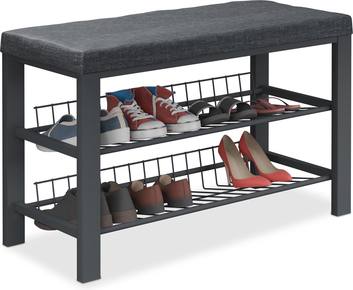 schoenenbank met kussen - 50,5 x 82 x 33 cm - 2 etages - zwart (4052025873325)