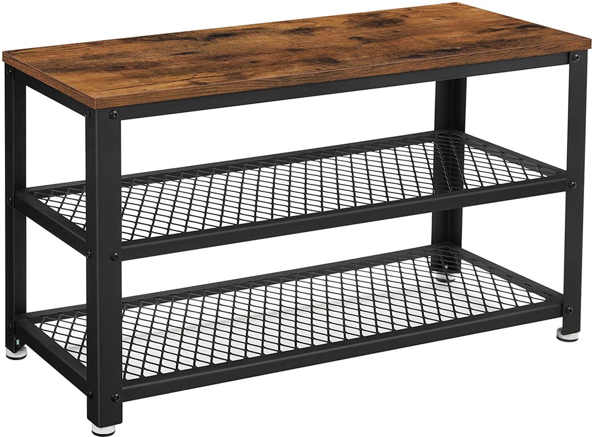 schoenenbank, schoenenrek met 2 legplanken, opbergruimte voor schoenen, 73 x 30 x 45 cm, voor gang, hal, woonkamer, metalen frame, industrieel design, vintage bruin-zwart LBS73X (7428475883592)