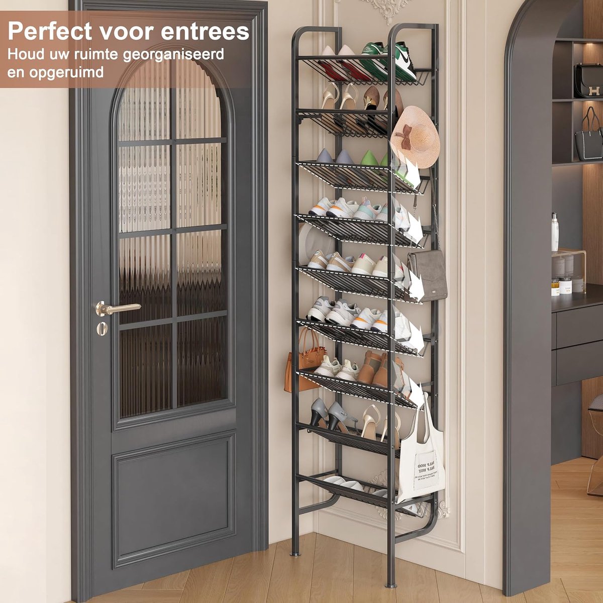 schoenenrek, 9-delig Metalen Schoenenrek achter de Deur, Open Schoenenrek, Met 12 Haken voor voor raadkast, hal, Woonkamer (Zwart, 45,4 X 20 X 175cm) (8785356257460)