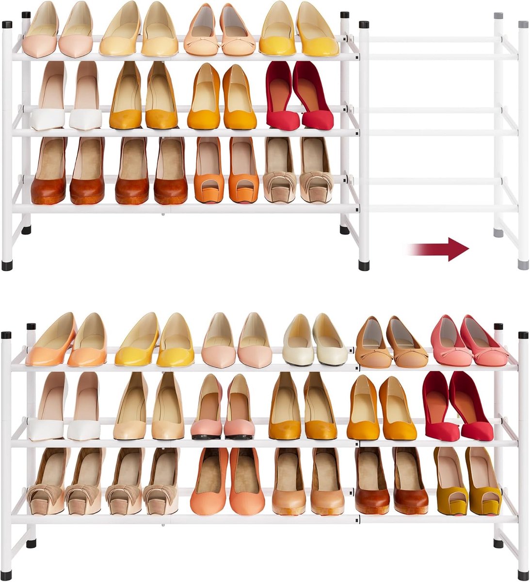 schoenenrek organizer, 3 niveaus verstelbare en stapelbare schoenenplank, metalen ijzeren schoenenopbergorganizer voor kast slaapkamer entree, wit (8785356257415)