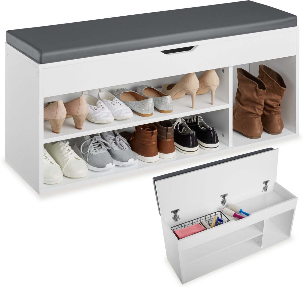 tectake® Schoenenbank met zitje - 3 open vakken en een opklapbaar vak met zitkussen - Schoenenrek met opbergruimte - Hout - Afmeting (LxBxH) 104 x 30 x 49 cm - Wit (4061173115683)