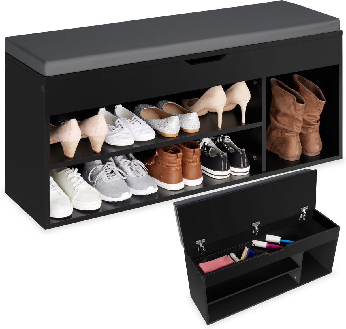 tectake® Schoenenbank met zitje - 3 open vakken en een opklapbaar vak met zitkussen - Schoenenrek met opbergruimte - Hout - Afmeting (LxBxH) 104 x 30 x 49 cm - Zwart (4061173115690)