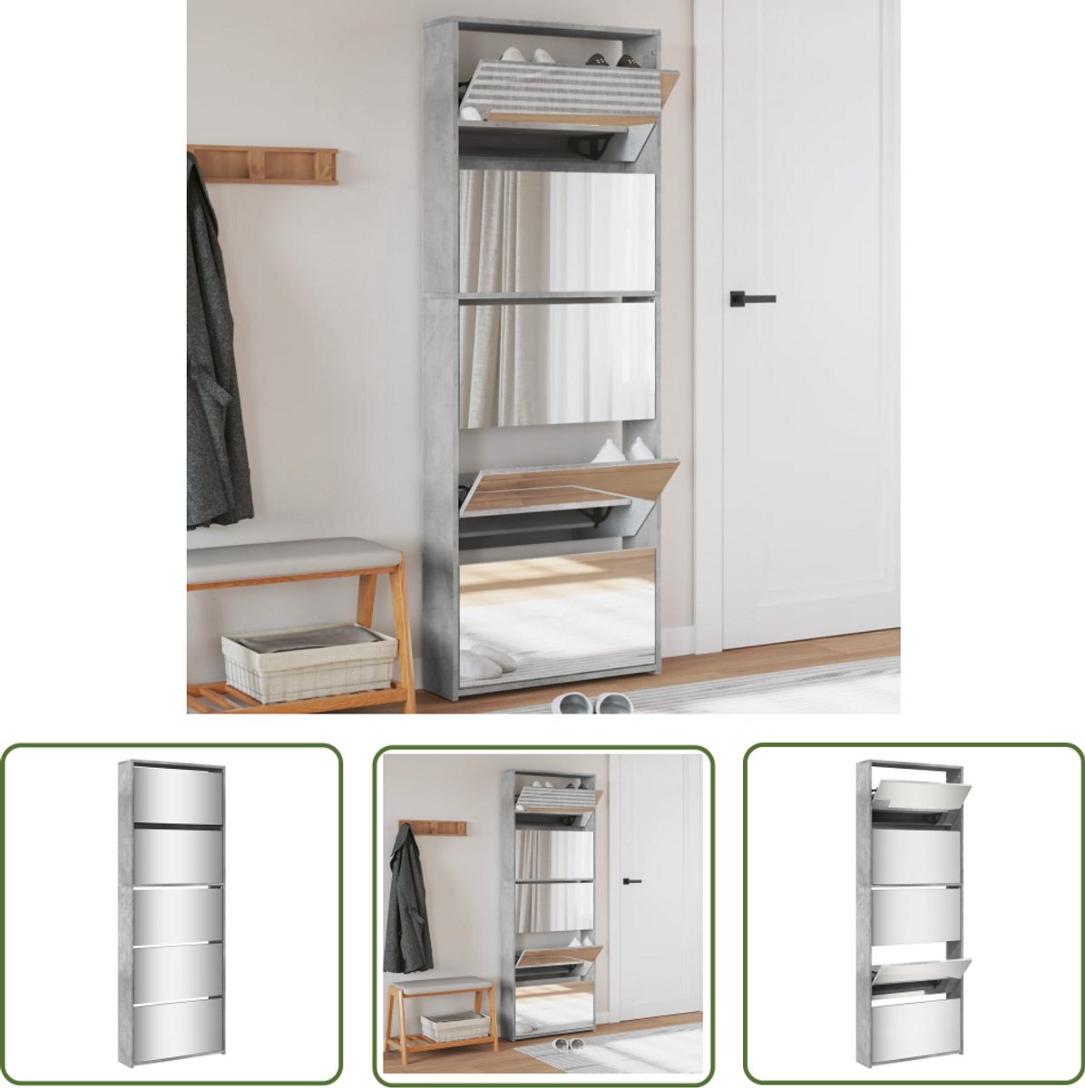 vidaXL Betongrijs - Schoenenkast - Schoenenkast met spiegel 5-laags 63x17x169,5 cm betongrijs - Houten Schoenenkast - Schoenenopbergers - Entreemeubilair (8721194214531)