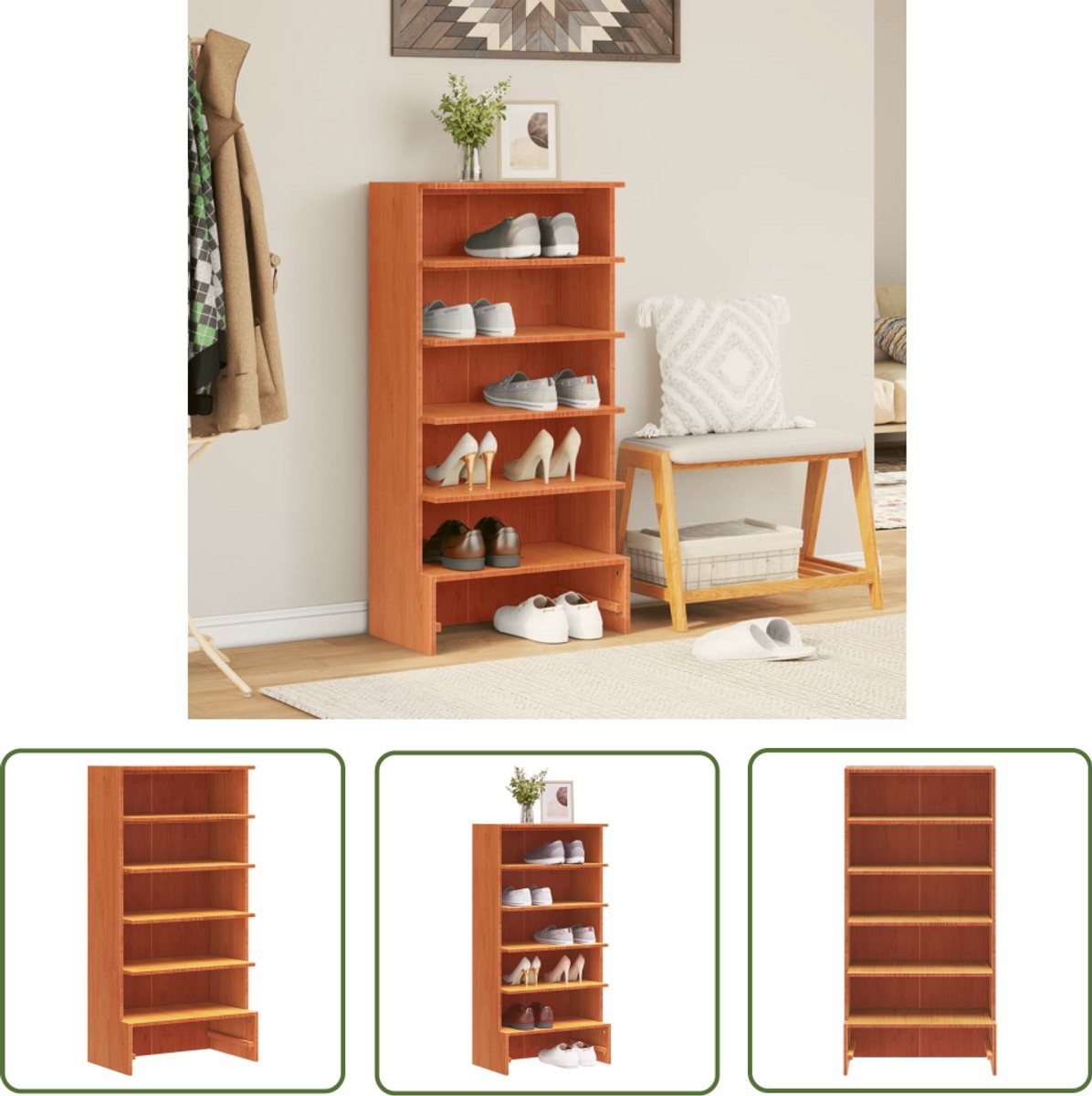 vidaXL Houten Schoenenkast - Schoenenkast - Schoenenkast 52x30x104 cm massief grenenhout wasbruin - Grenenhouten Schoenenkast - Bruine Schoenenkast - Moderne Schoenenkast (8721194205164)