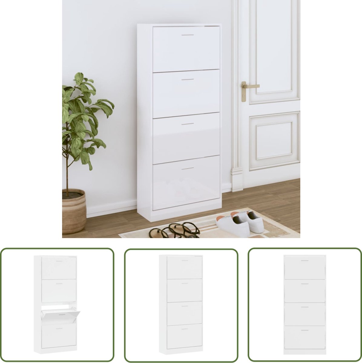 vidaXL Houten Schoenenkast - Schoenenkast - Schoenenkast 63x24x147 cm bewerkt hout hoogglans wit - Wit Schoenenkast - Schoenen Opbergen - Organisatie (8721032074709)