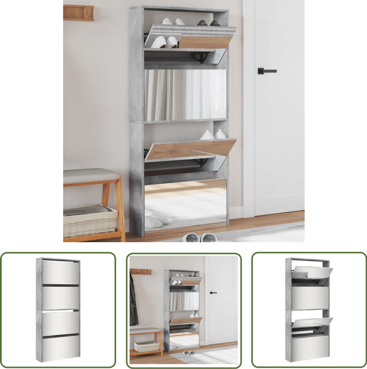 vidaXL Houten Schoenenkast - Schoenenkast - Schoenenkast met spiegel 4-laags 63x17x134 cm betongrijs - Grijze Schoenenkast - Schoenen Organisatie - Bergruimte (8721194368838)
