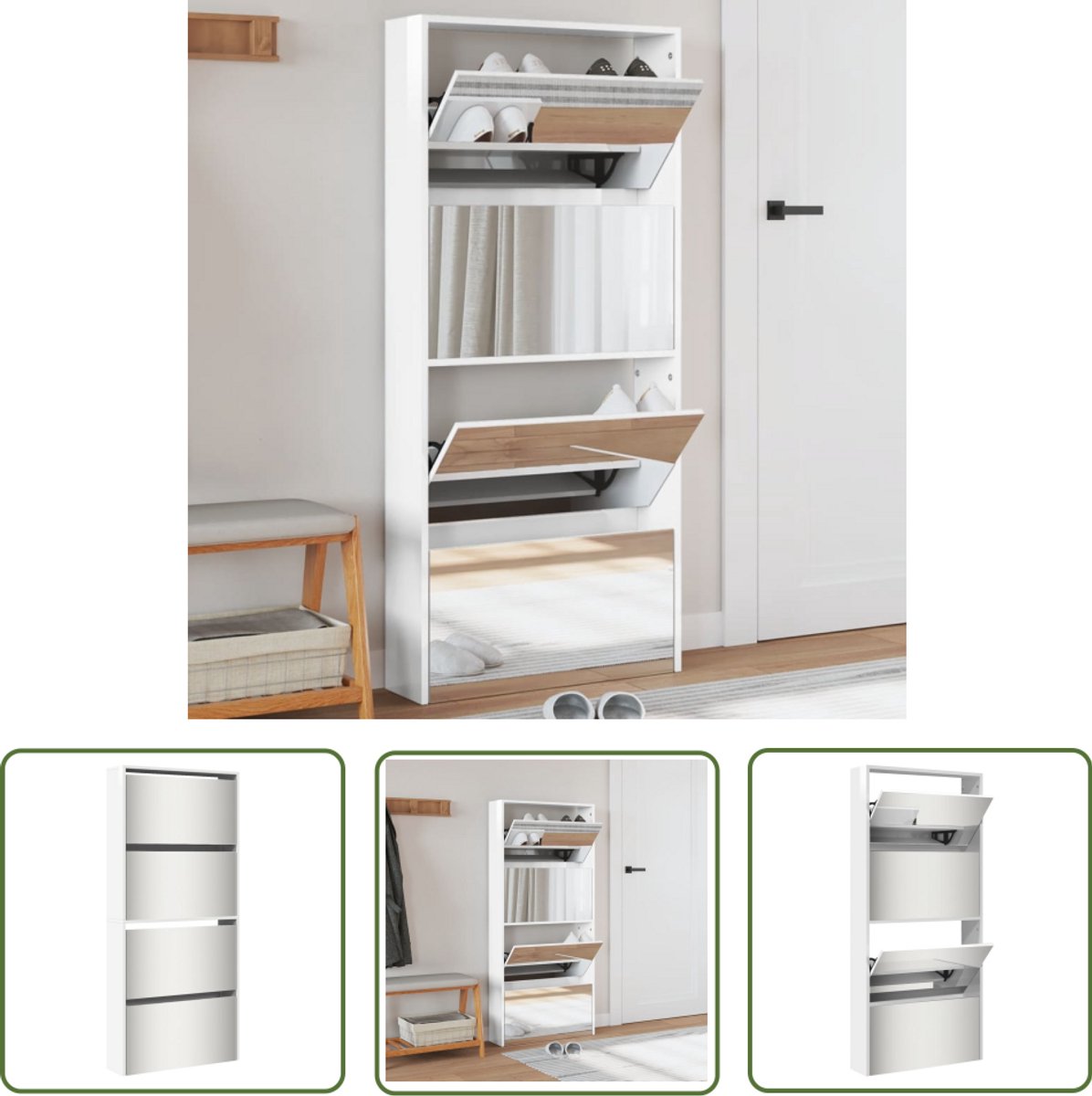 vidaXL Houten Schoenenkast - Schoenenkast - Schoenenkast met spiegel 4-laags 63x17x134 cm hoogglans wit - Witte Schoenenkast - Compacte Schoenenkast - Schoenenopbergers (8721194214555)