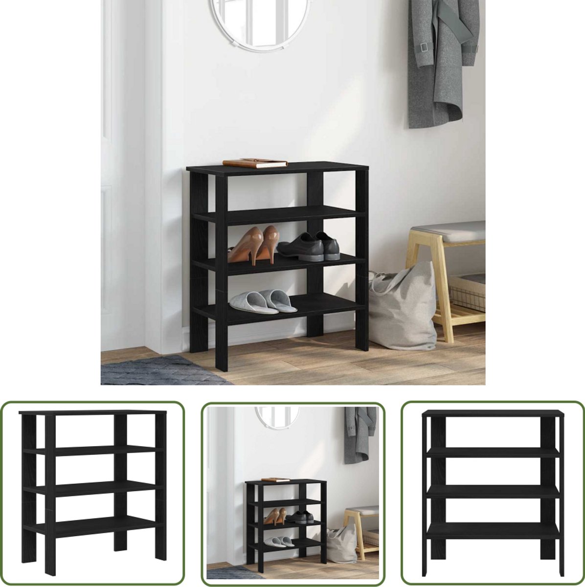 vidaXL Houten Schoenenrek - Schoenenrek - Schoenenrek 61x32x70 cm bewerkt hout zwart - Schoenen Organisatie - Opbergruimte - Halstandaard (8025340321631)