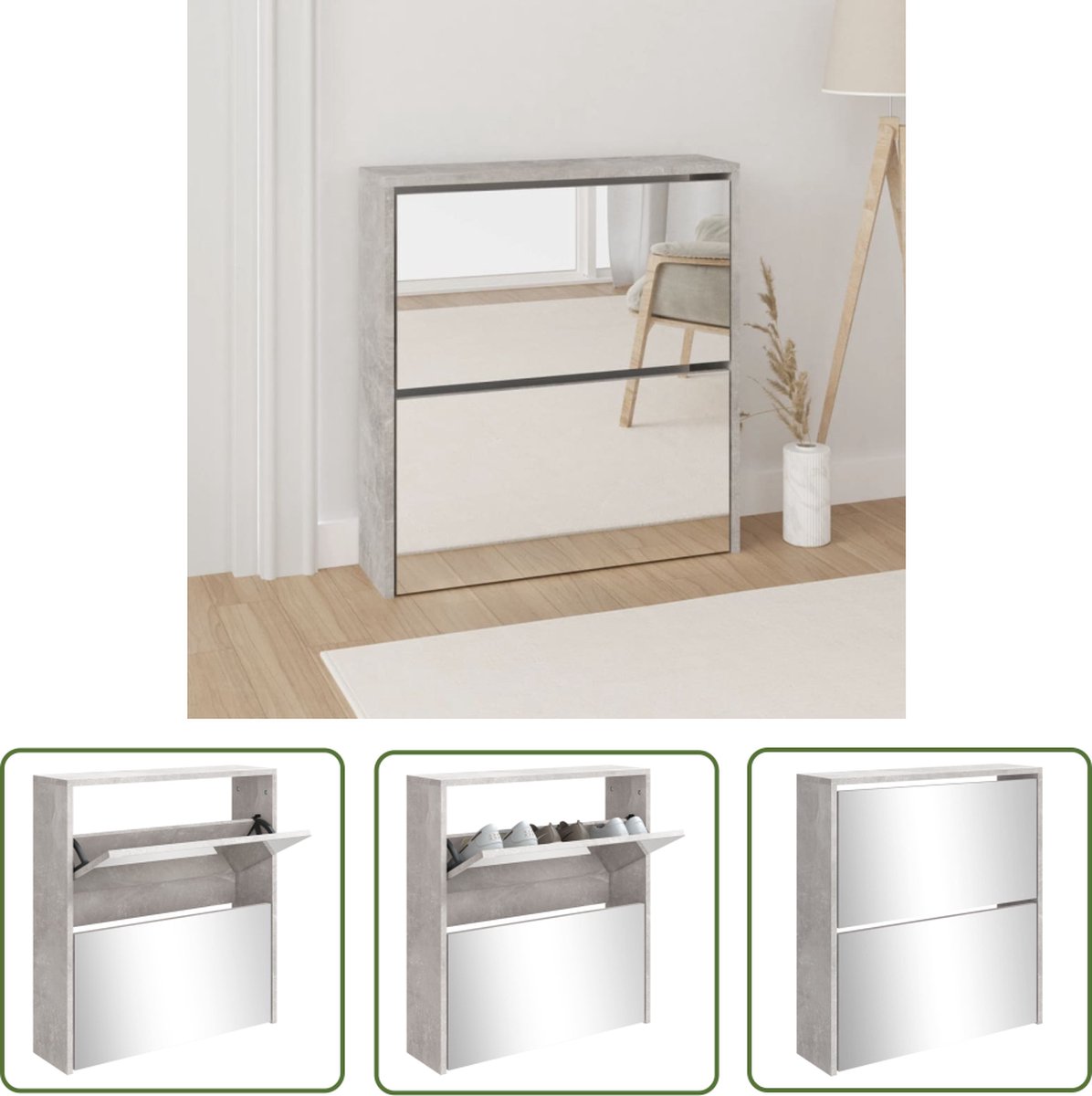 vidaXL Schoenen Rek - Schoenenkast - Schoenenkast met spiegel 2-laags 63x17x67 cm betongrijs - Bergruimte Schoenen - Organisatie Schoenen - Betongrijs (8721032168897)