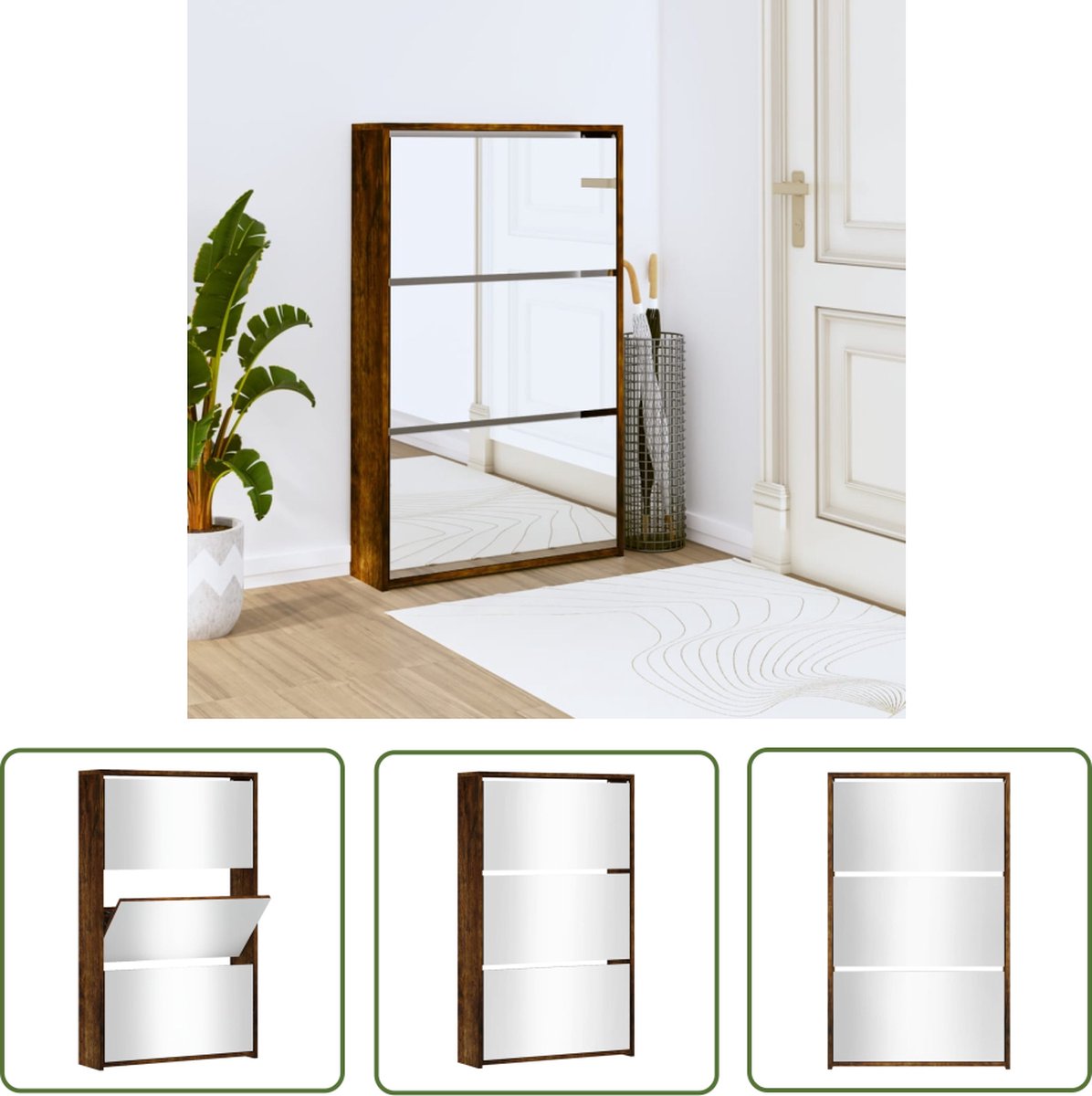 vidaXL Schoenen Rek - Schoenenkast - Schoenenkast met spiegel 3-laags 63x17x102,5 cm gerookt eiken - Bergruimte Schoenen - Organisatie Schoenen - Kast Schoenen (8721032122615)