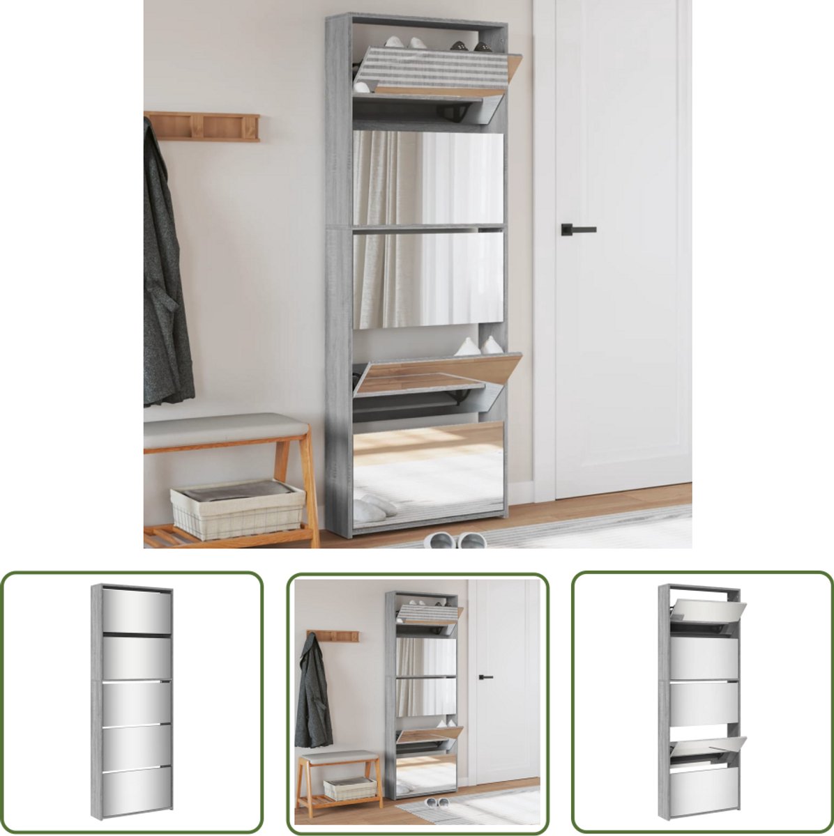 vidaXL Schoenen Rek - Schoenenkast - Schoenenkast met spiegel 5-laags 63x17x169,5 cm grijs sonoma - Opslag Oplossing - Entree - Hal (8025340139397)