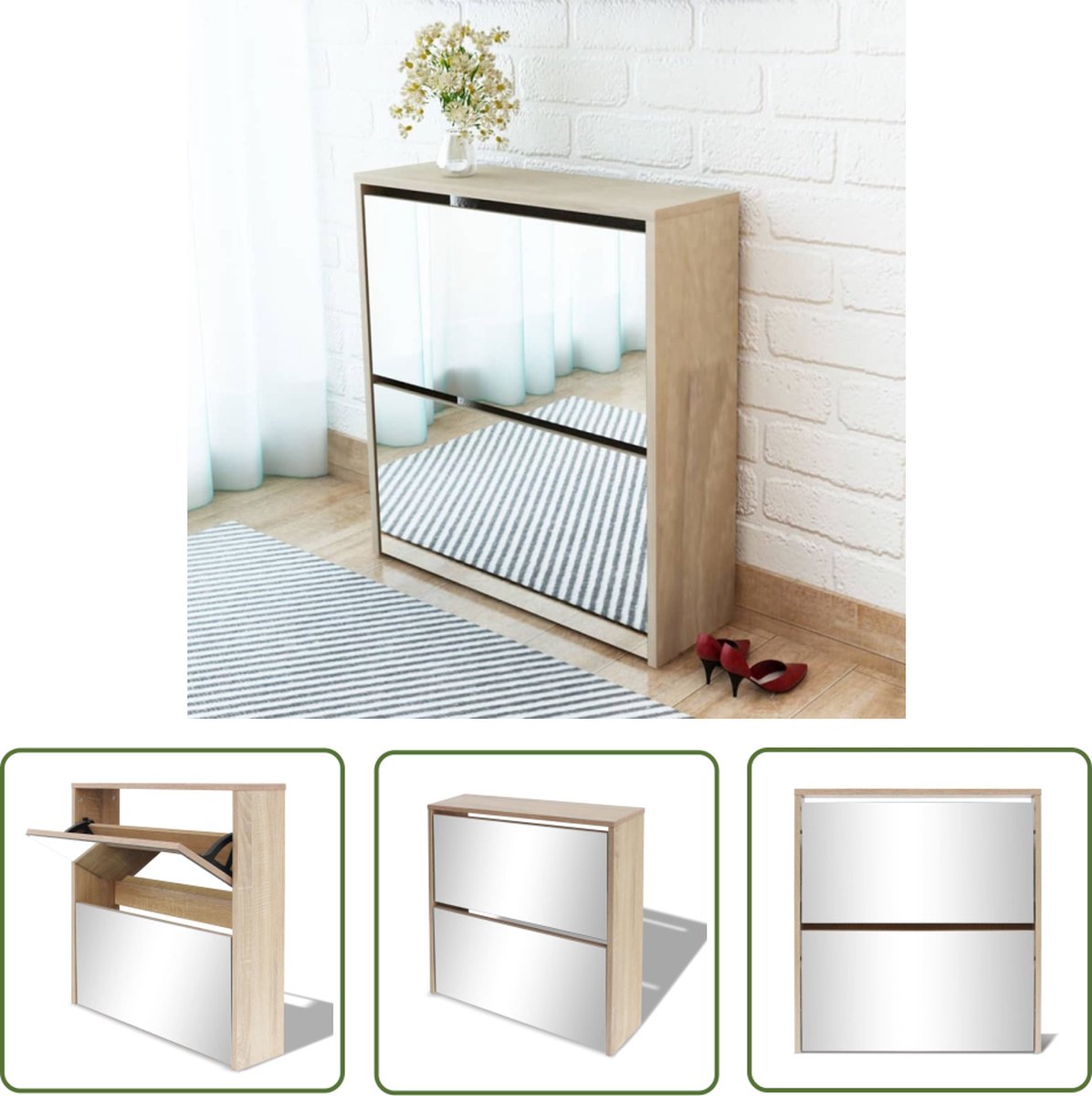 vidaXL Schoenen Rek - Schoenenkast - Schoenenkast tweelaags met spiegel 63x17x67 cm eiken - Entree Kast - Spiegelkast - Bergruimte (8721031228288)