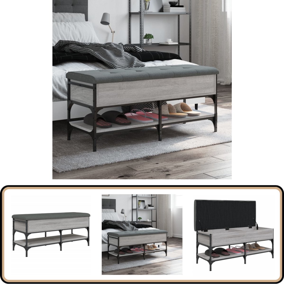 vidaXL Schoenenbank 102x42x45 cm - Grijs Sonoma Eiken Schoenenbankje - Schoenenbankjes - Halbankje - Opbergbankje (8139954525245)