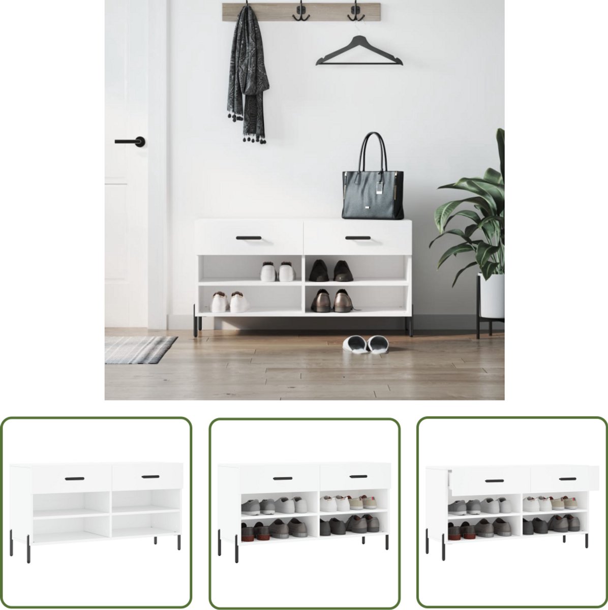 vidaXL Schoenenbank - Bewerkt hout - Wit - 102x35x55 cm Schoenenbank - Industrieel Design - Houten Bank - Opbergruimte - Schoenuitlegers (8348351721277)