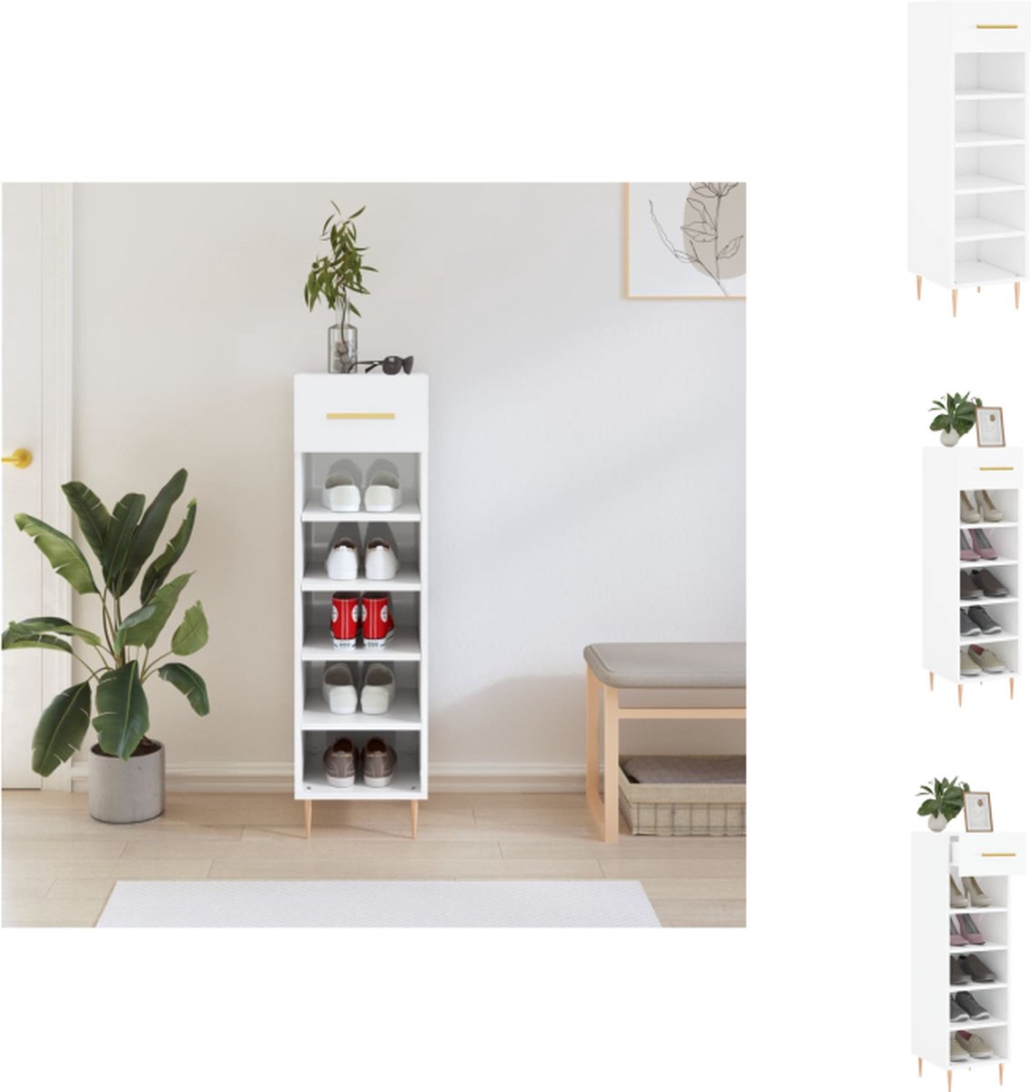 vidaXL - Schoenenkast - 30x35x105 - cm - bewerkt - hout - hoogglans - wit (8720845430597)