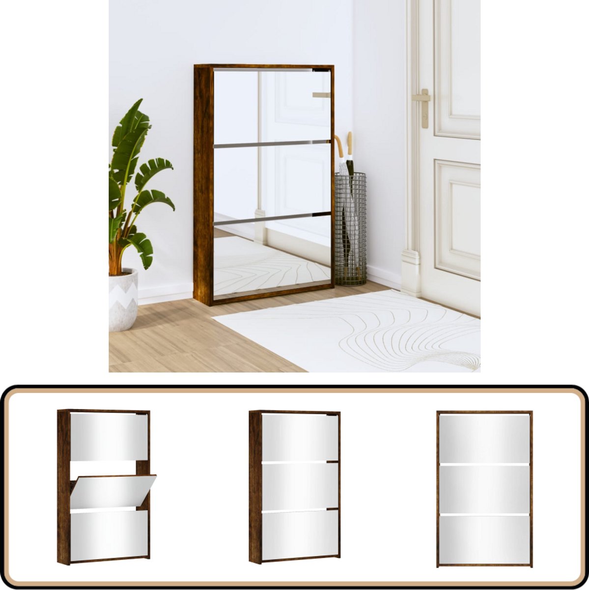 vidaXL Schoenenkast - Gerookt Eiken - Met Spiegel Schoenenkast - Schoenen Rek - Bergruimte Schoenen - Kast Schoenen - Organiseren Schoenen (8056477322130)