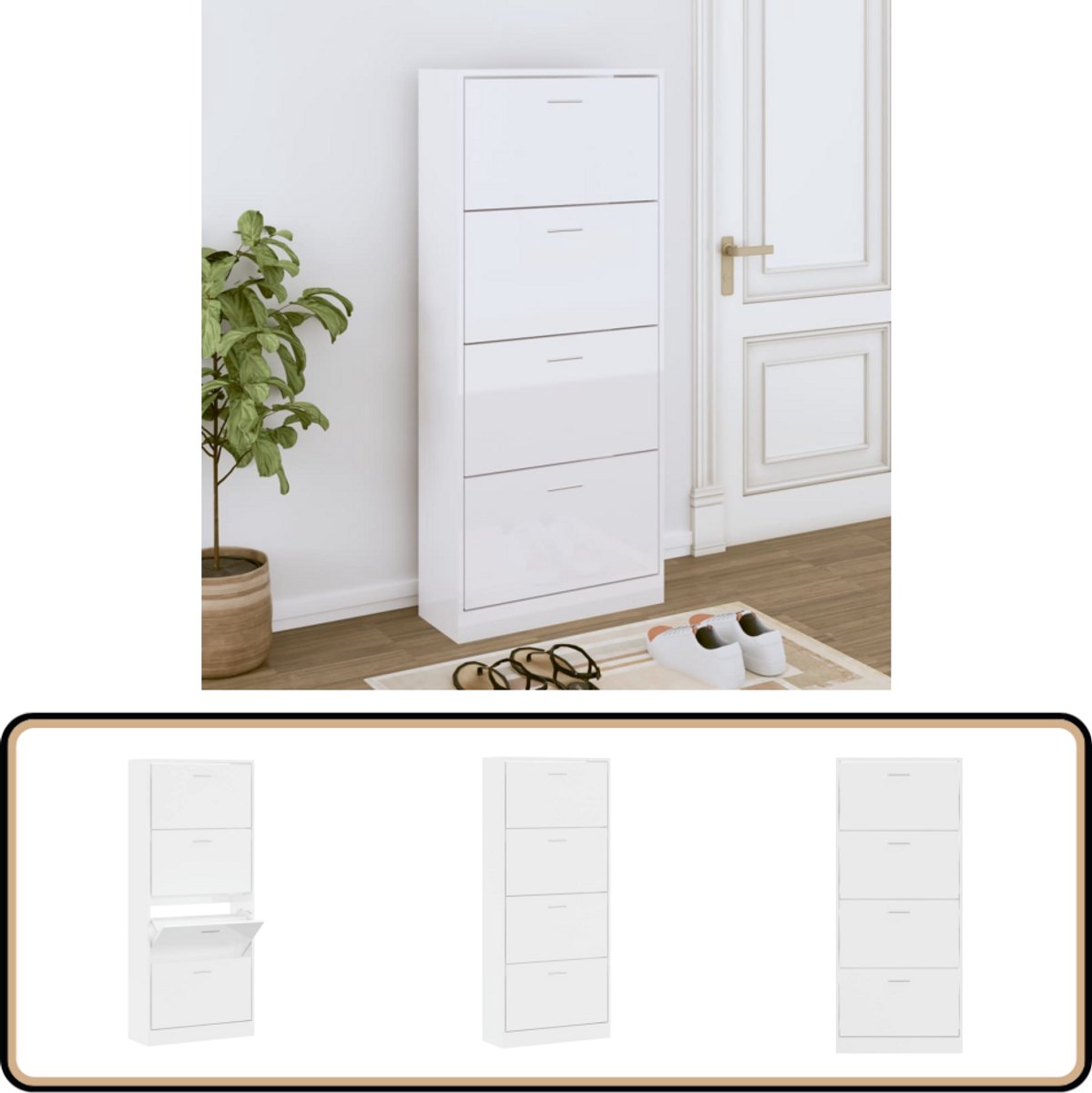 vidaXL Schoenenkast - Hoogglans Wit - 63x24x147 cm Schoenenkast - Kast - Bergruimte - Organisatie - Schoenuitlegger (8247852734666)