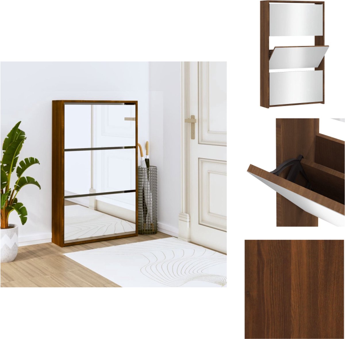 vidaXL Schoenenkast - Schoenenkasten - Berging Voor Schoenen - Schoenenrek - Schoenenkast met spiegel 3-laags 63x17x102,5 cm bruineiken (8721096757020)