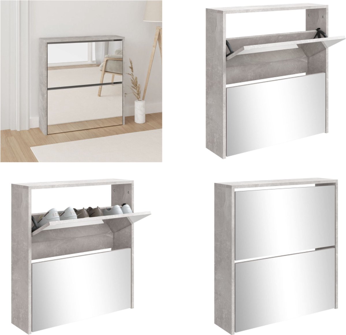 vidaXL Schoenenkast met spiegel 2-laags 63x17x67 cm betongrijs - Schoenenkast - Schoenenkasten - Berging Voor Schoenen - Schoenenrek (8721114839240)